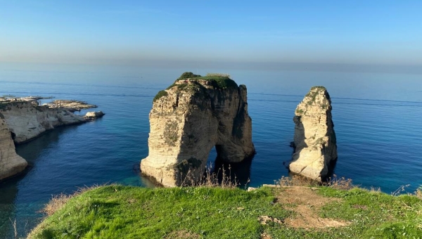 Pigeons' Rock limestone island in Beirut, Lebanon