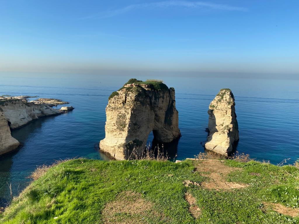 Pigeons' Rock limestone island in Beirut, Lebanon